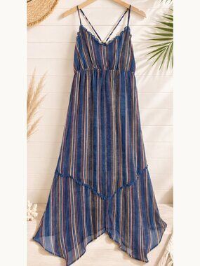 BCBGeneration Striped Chiffon Maxi Dress Halter Ruffle High Low Flowy S Boho Chi